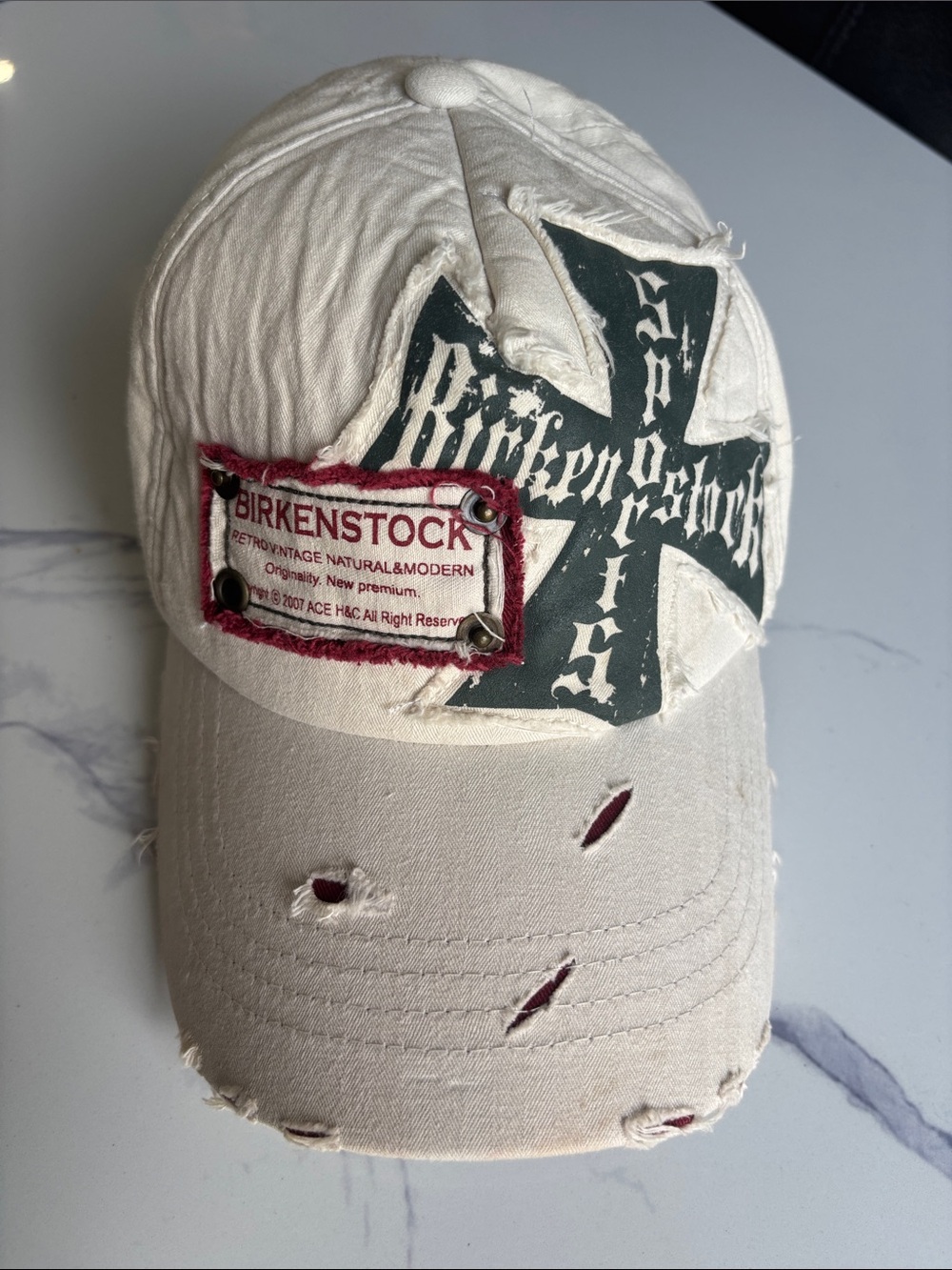 Vintage Birkenstock Distressed Cross Patchwork Y2K Hat Cap Off-White